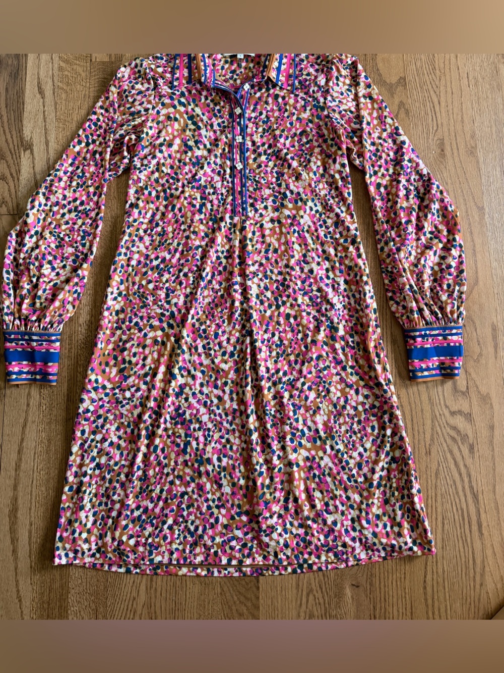 Hale Bob Matte Jersey Printed Shirt Dress Small Clover Buttons Zip Cuff Boho